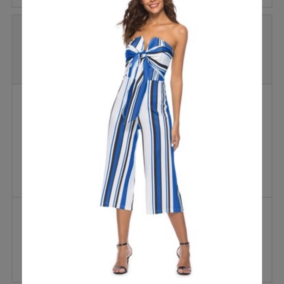 Vutti Pants - Blue Stripe Bow-Accent Strapless Jumpsuit - Women